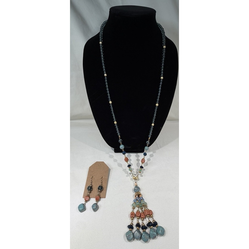 OLC Multicolor Beaded Tassel Necklace Earrings Set Turquoise Coral Look GoldTone